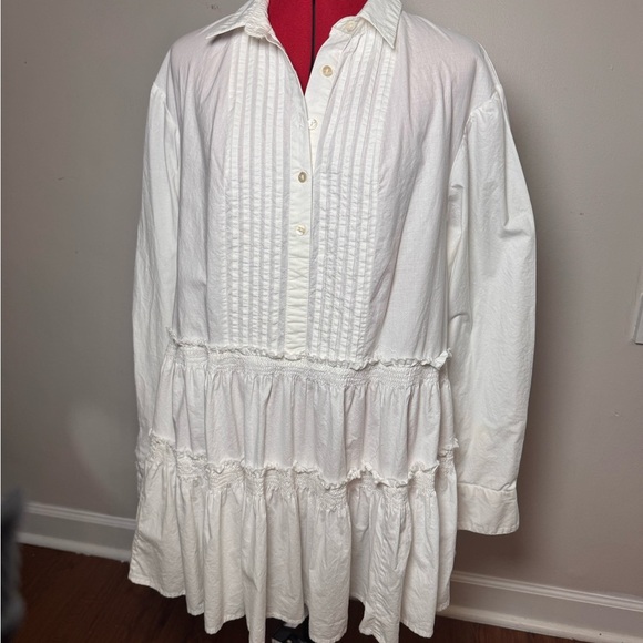 Free People Dresses & Skirts - Free People White Pintuck Smocked Ruffle cotton Shirt Dress – Size Medium